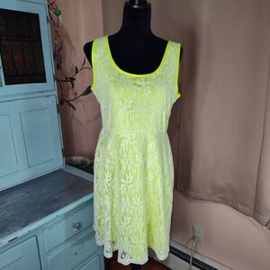 Bobbie Brooks Dress Womens Large Neon Yellow White Lace Overlay Sleeveless